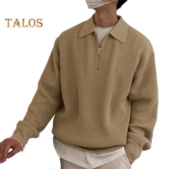 Fall Winter Men Sweater Turn-down Collar Half Zipper Long Sleeves Solid Color Loose Knitted Top Daily Wear School Work Knitwear