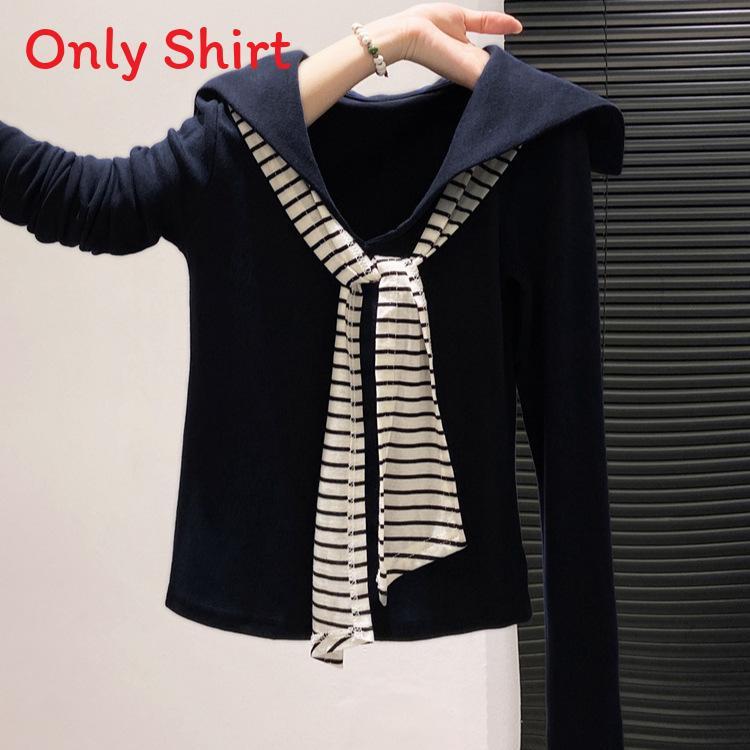 Minimalist Long Sleeve T Shirt For Women With Striped Pattern And Crew Neck For Casual Wear