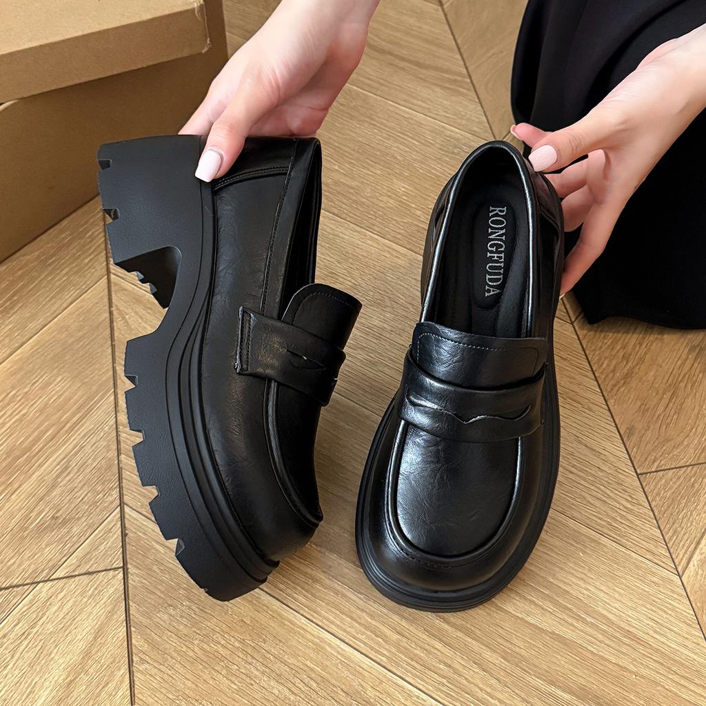 Platform loafers women's 2025 spring new versatile college style single shoes JK style black round head thick heel small leather shoes