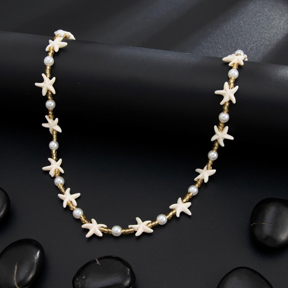 Adjustable Imitation Pearl Choker White Goth Clavicle Chain Vintage Boho Starfish Necklace Jewelry