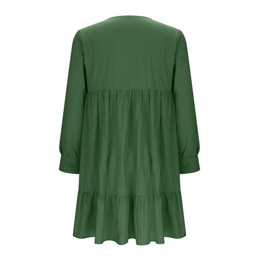 Women Casual V Neck Pleated High Waist Ruffle Trim Long Sleeve Loose Fit Dress Suitable for Everyday Wear and Various Occasions
