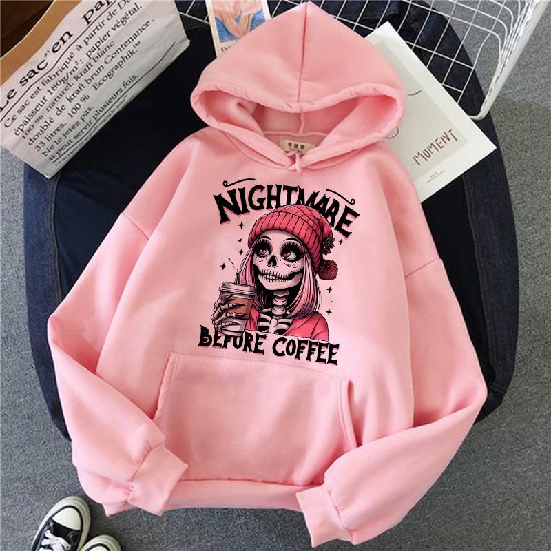 Slogan Nightmare Before Coffe Graphic Sweatshirt Unisex Fall Winter Hoody Y2k Clothing Women's Skeleton Halloween Pocket Hoodies