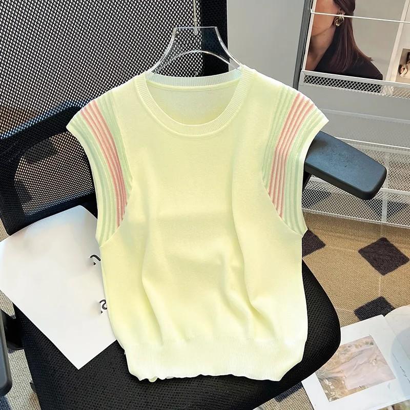 Women's Summer Ice Silk Spliced Sleeveless Knitted Vest Commute Thin Pullover T-shirt