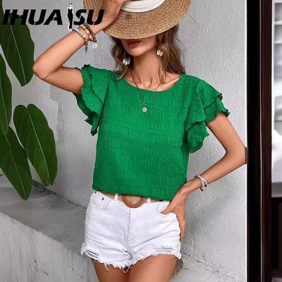Damen Sommer Doppellagiges Lotusärmel Rundhals-Pullover-T-Shirt Damen