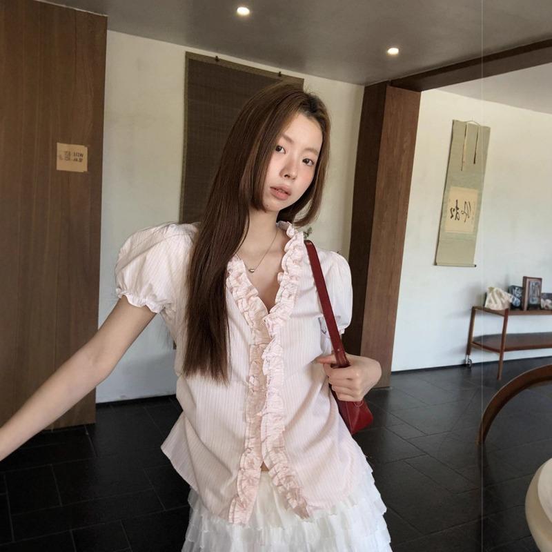 

Gentle and Sweet Pink Striped Ear-edge Shirt for Women Summer New Style Pinch Waist Design Short Shirt L рожевий