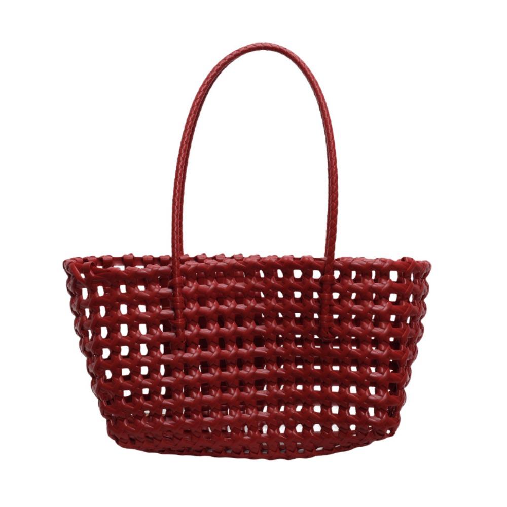 

Plastic Hollow Weave Bag Countryside Style Bohemian Style Vegetable Basket Bag Vacation Style Large Capacity Beach Tote Bag червоний