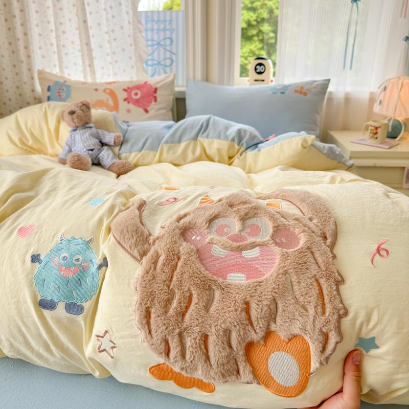 Uroczy Różowy Kreskówkowy Kot Kokarda Ręcznik Haft Dziewczynki Dzieci Pościel Zestaw Płukana Bawełna Miękkie Poszewki na Kołdrę Prześcieradło Poszewki na Poduszki 3/4 Szt.