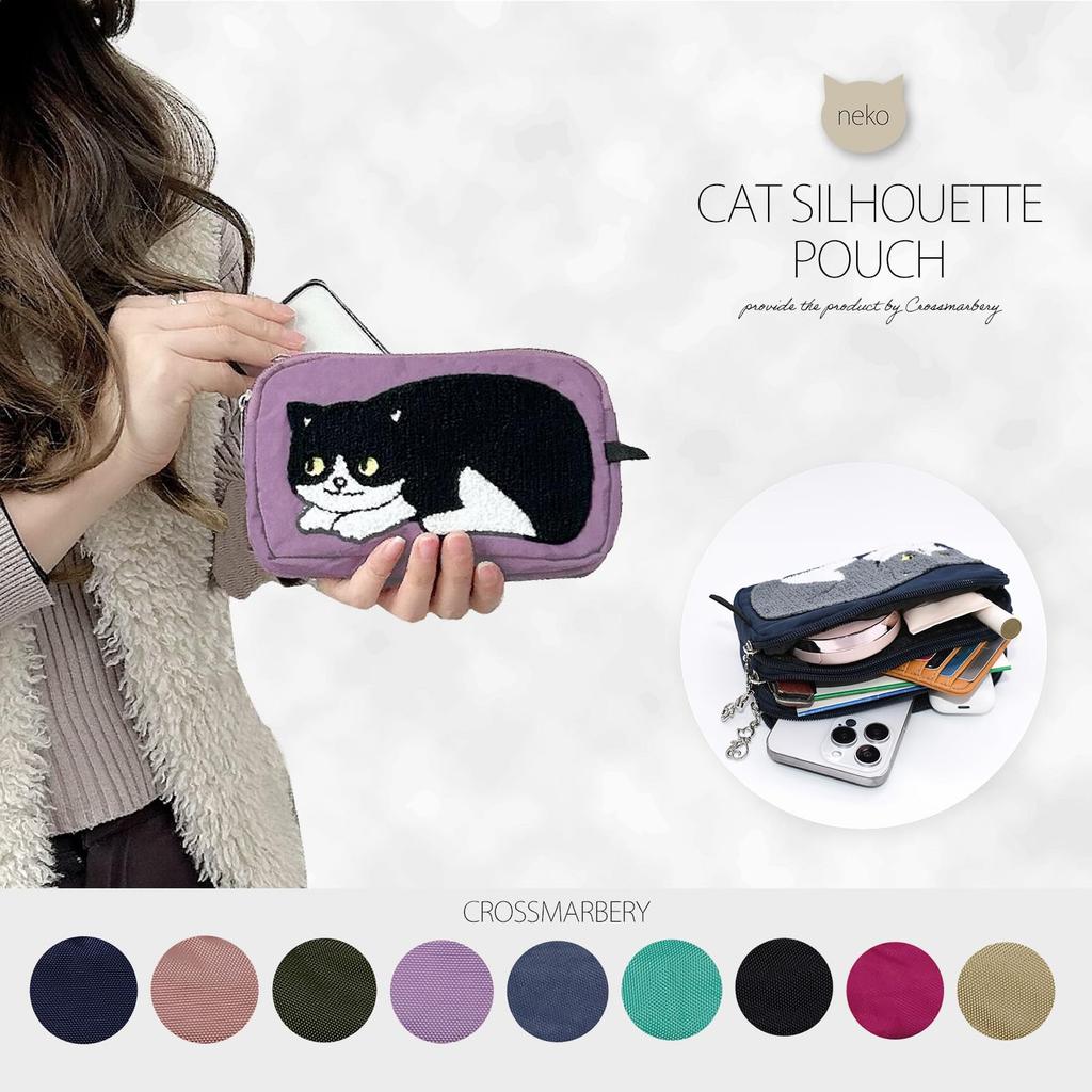 Crossmarberry Cat Small Item Triple ST06 Navy Pouch, Large, Cute, Women's, Design, Stylish, Divided, Storage, Fluffy, Zipper, Horizontal, Portable,