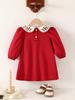 Adorable Red Vintage Dress for Toddler Girls | French-Inspired Floral Embroidered Peter Pan Collar with Bow, Long Sleeve Princess Dress