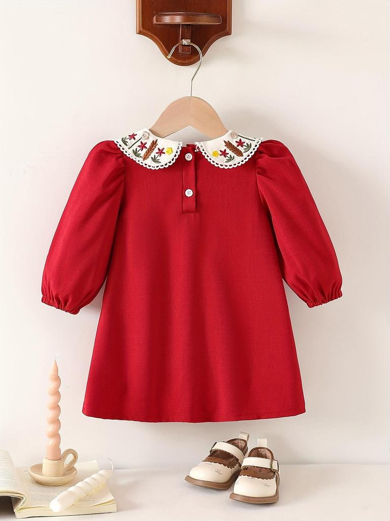 Adorable Red Vintage Dress for Toddler Girls | French-Inspired Floral Embroidered Peter Pan Collar with Bow, Long Sleeve Princess Dress