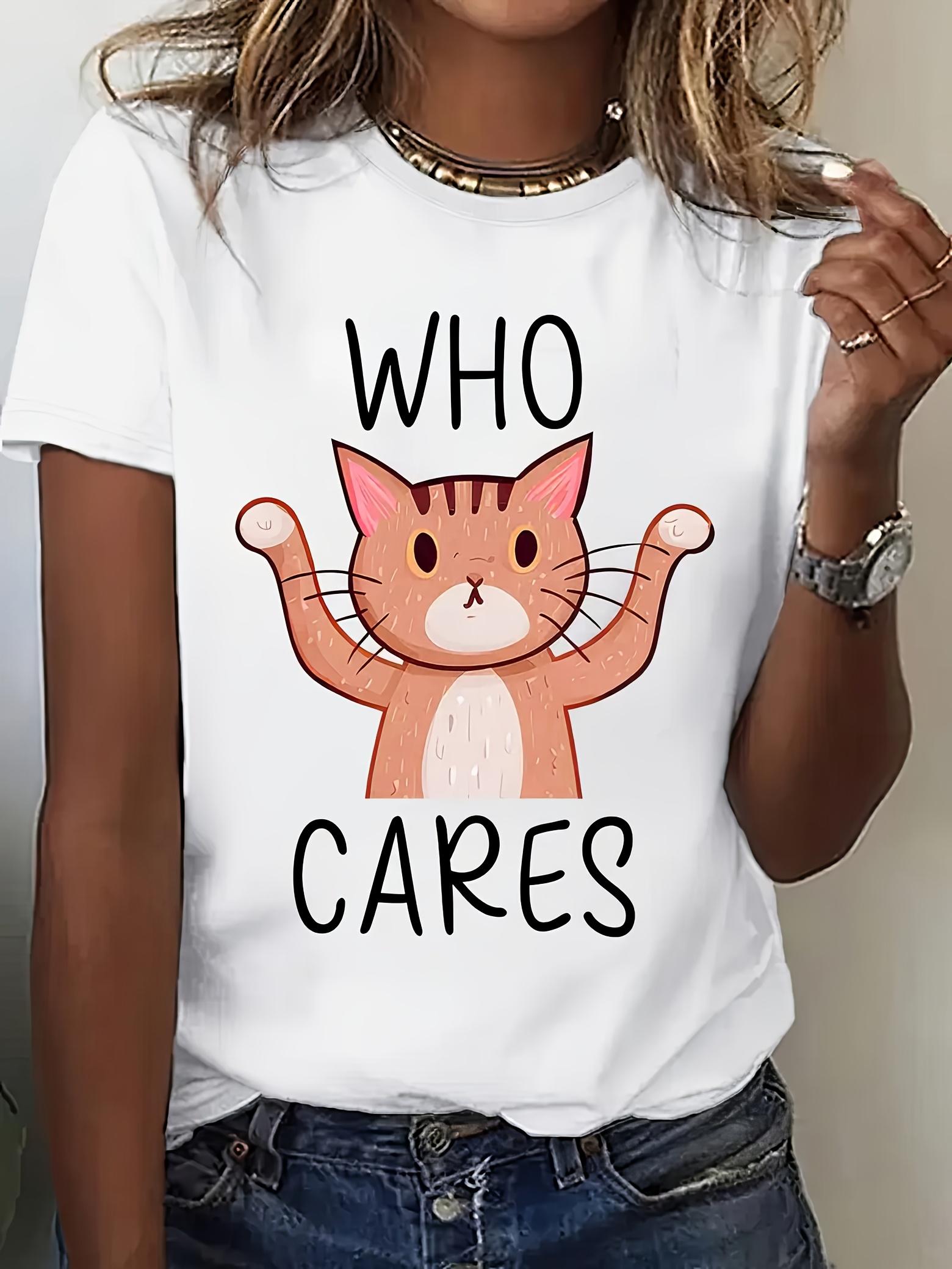 

Cute Cat Who Cares Parttern Printed Summer Women Casual Tshirt Short Sleeve Roundneck Tshirt Soft Women Daily Wear Clothing S