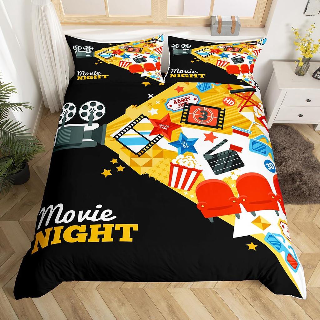 Movie Theme Duvet Cover Movie Theater Decor Bedding Set Full King Vintage Cinema Ticket Clapboard Popcorn Print Comforter Cover