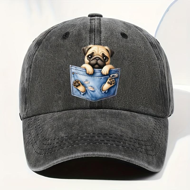 A Cute Dog Pattern Design Adjustable Vintage Washed Baseball Cap, Suitable for Street Outdoor Fashion for Both Men and Women