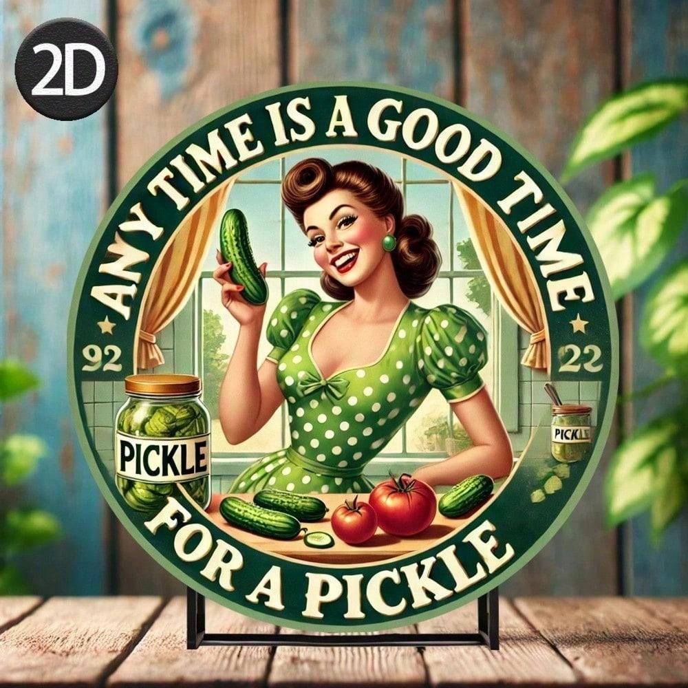 Vintage Round Tin Sign 8 Inch Retro Pickle Metal Wall Art Funny Decor for Kitchen Garage Man Cave