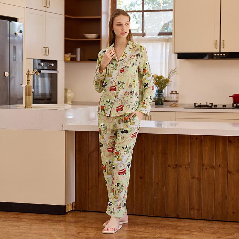 Womens Loose Cotton Gauze Pajama Set With London Landmark Print Long Sleeve Lounge Wear