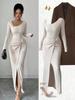 Women's Elegant Long Sleeve Knit Dress with Irregular Neckline and Waist-Cinching Design