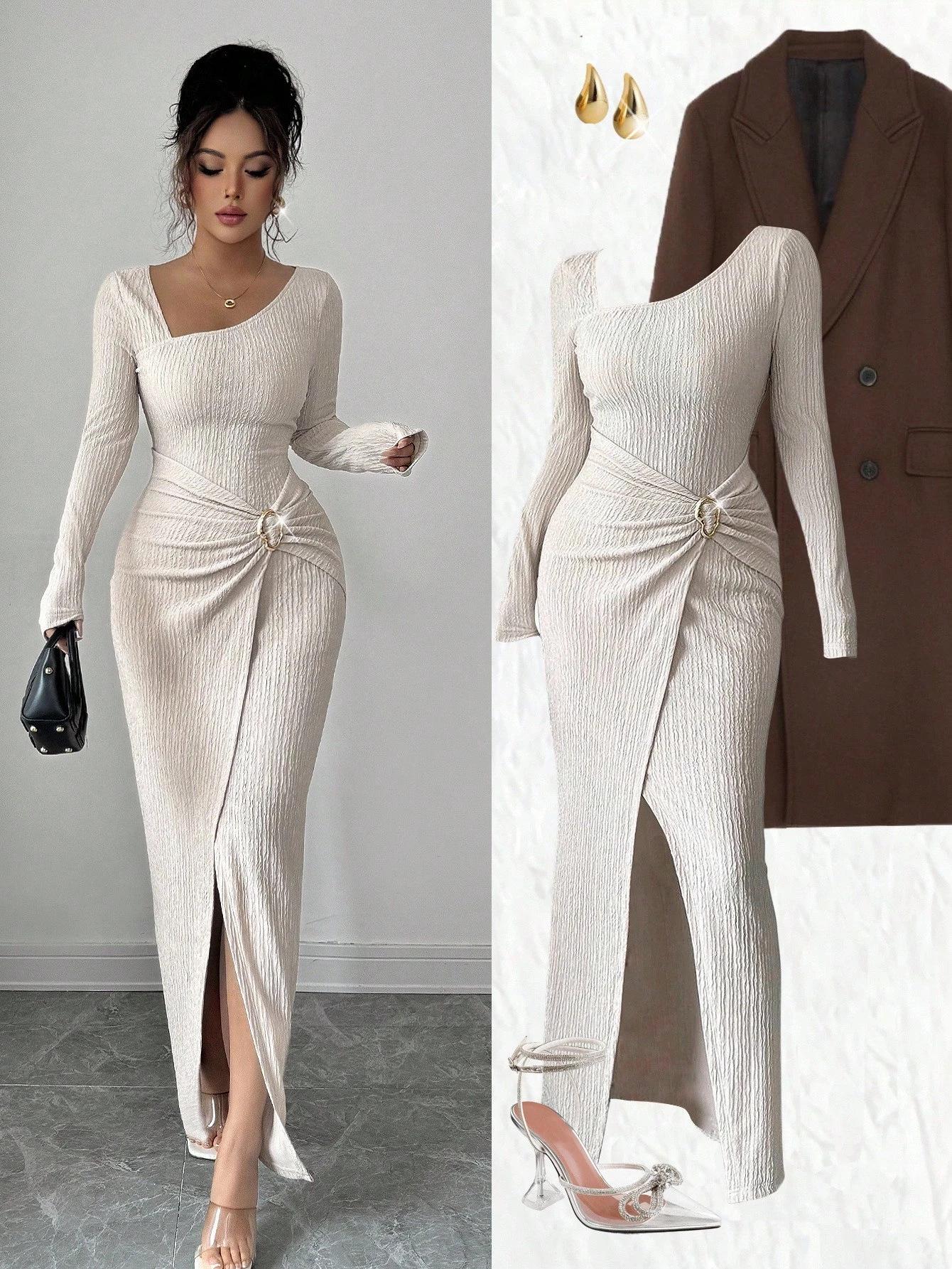 Women s Elegant Long Sleeve Knit Dress with Irregular Neckline and Waist-Cinching Design S