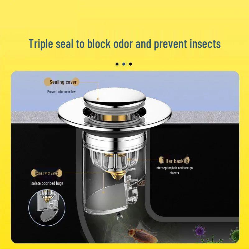 Universal Anti-Insect & Odor Stopper for Bathroom Sink - Press-Type Filter Plug & Play Bounce Core Accessory