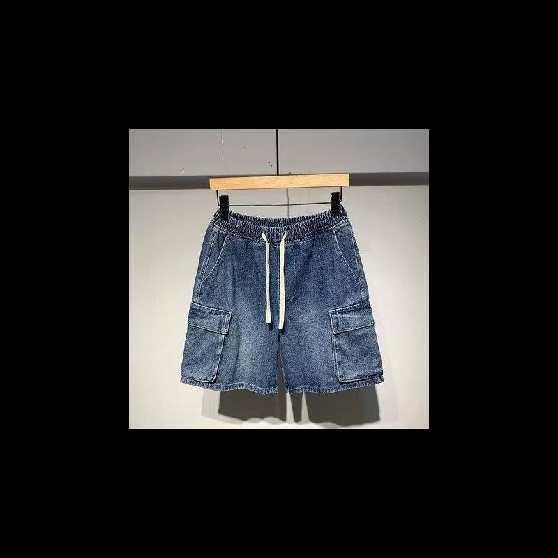 Herren Japanische Arbeitskleidung Elastische Taille Denim Shorts, Sommer 2023 - Lässig, Locker geschnitten, Mittellang