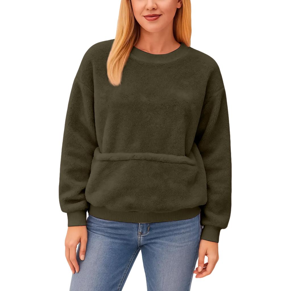 Women's Fashionable Solid Color Round Neck Long Sleeved Pocket Sports Shirt Plush Hoodie Top