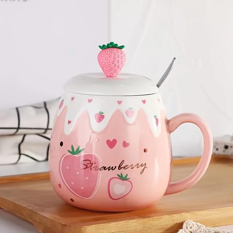 1pc 450ml Cute Strawberry Ceremic Cup with Lid Spoon Water Cup Coffee Mug Creative Gift Easy To Clean Summer Winter Drinkware