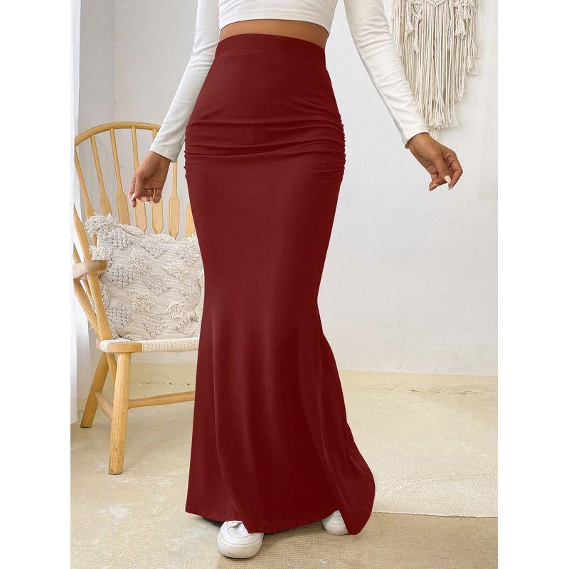 

Solid Color High Waisted Hip Hugging Skirt Solid High Waist Sheath Skirt Burgundy S