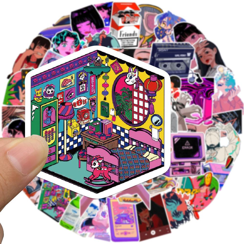 50 Pictures of Urban Cool Cartoon Girl Doodle Stickers Decorative Guitar Notes Suitcase DIY Waterproof