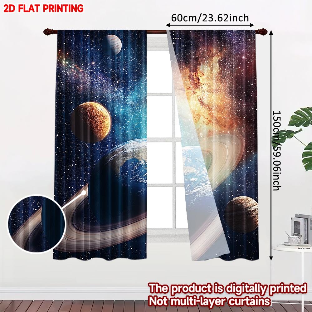 2D Flat Printing 2pcs Party Curtain Celestial Planets and Stars Digital Printed Polyester Drapes Holiday Decorations for Home &