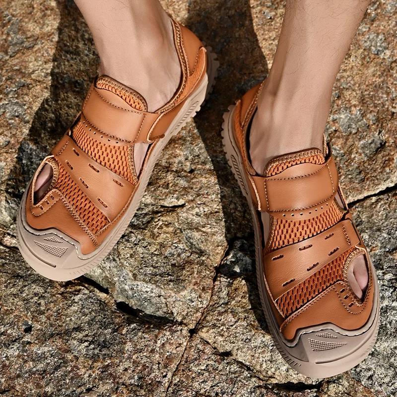 Letní pánské sandály pravá kůže pánská obuv pro volný čas Outdoor muži kožené sandály pro muže plážová obuv pánská římská obuv