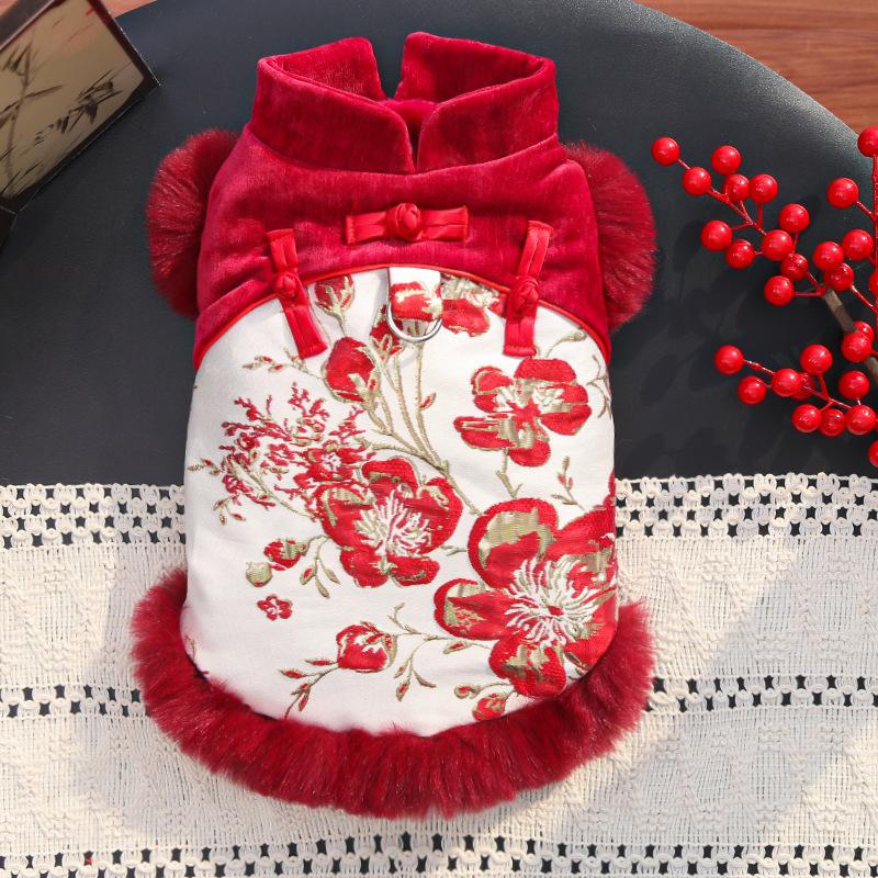 New Chinese-style Folk-style Luxurious Flower-haired Cat Pet Warm Fleece Dog and Cat Fall-winter Clothing Accessories and Supplies