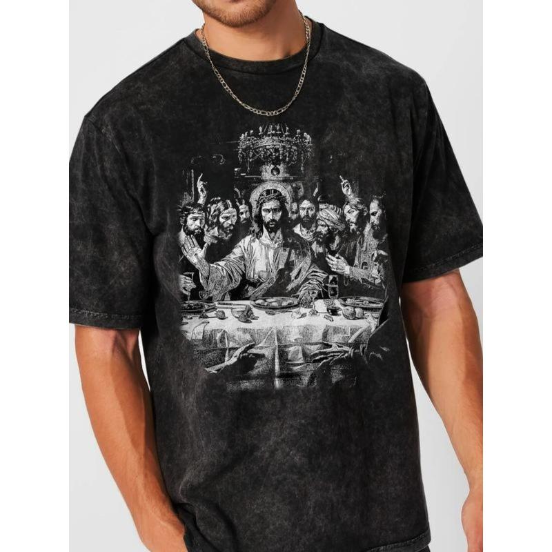 

European sizes Men S Graphic T-Shirt Featuring a Monochrome Illustration of The Last Supper, Designed in a Black Acid Wash Tie-Dye Style 5XL