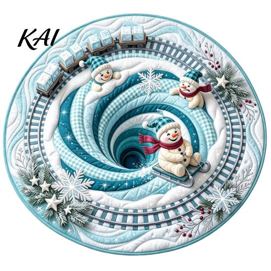 Festive Round Rug for Christmas 3D Rug, Vortex Optical Illusion Area Santa Snowman Staircase Modern Holiday Home Accents Depth Pattern, Non-slip Floor