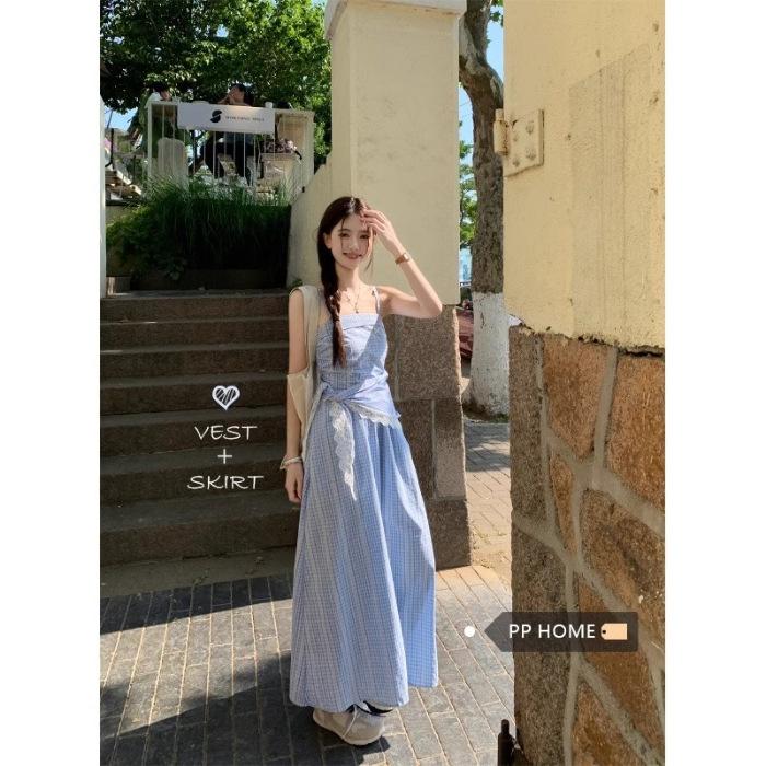 

[Original practice] Blue plaid tube top suspender dress women s summer French feeling waist and thin skirt XL