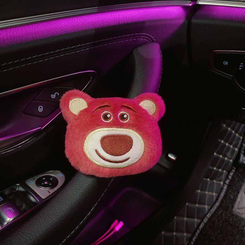 Cute Strawberry Bear Car Seatbelt Shoulder Pad, Handbrake Gear Cover, Headrest, Summer Car Interior Cushion Decoration for Women Big Head Strawberry Bear Strap