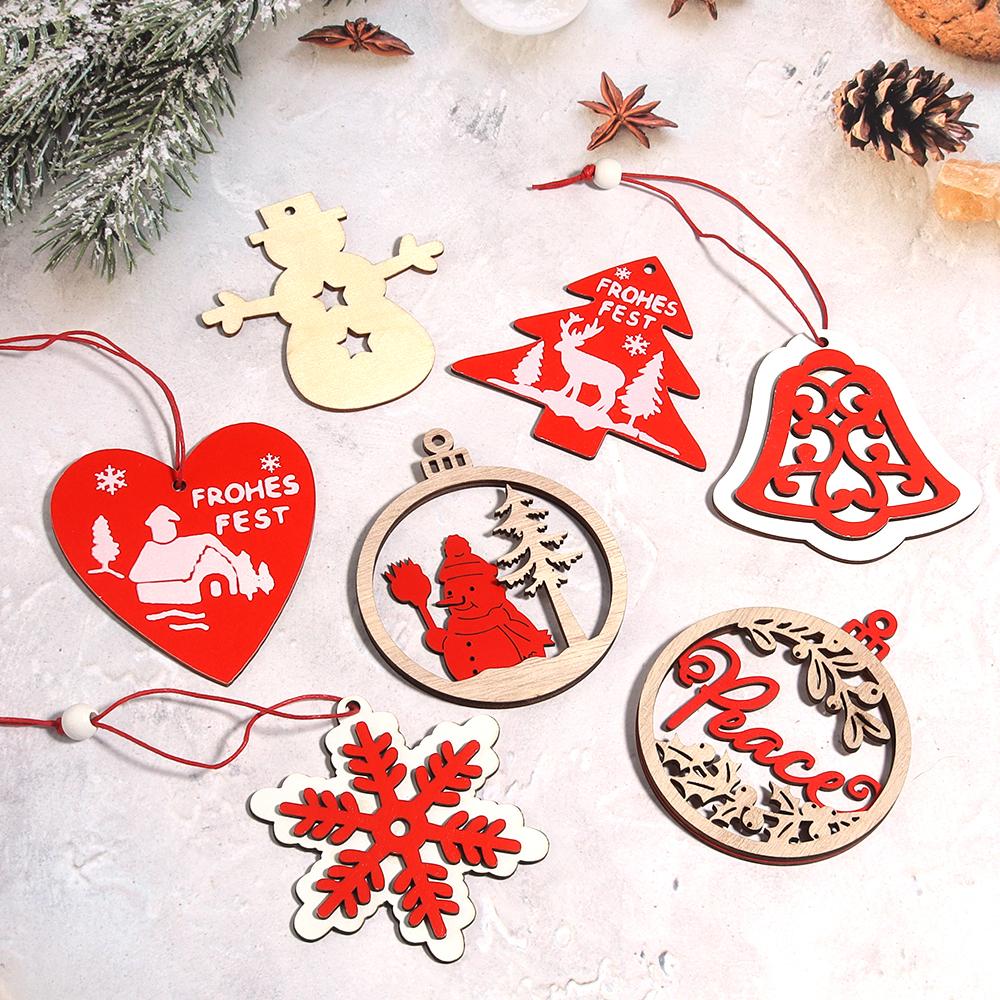 6-10pcs/lot Christmas Natural Wooden Pendants ChristmasTree Hanging Ornaments For Noel Tree Decorations DIY Painting Gifts