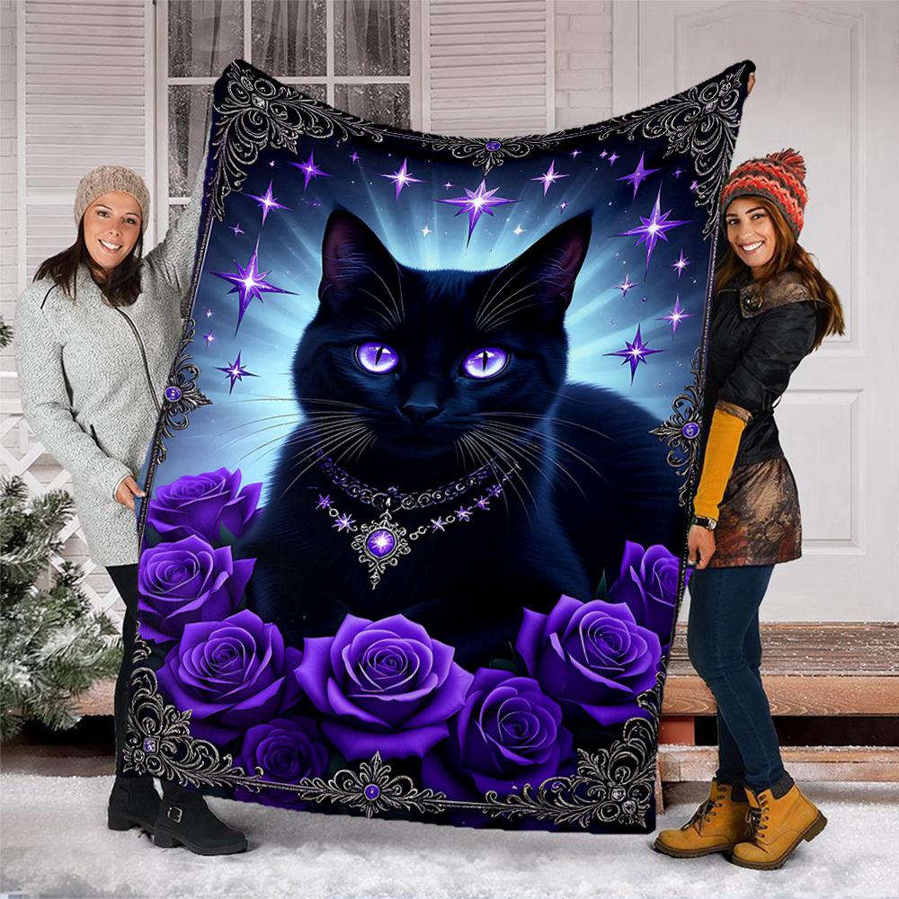 1pc Purple Rose Cat Outdoor Flannel Blanket , Machine Washable Perfect Gift for Birthday , Holiday Travel Accessory , Durable Material