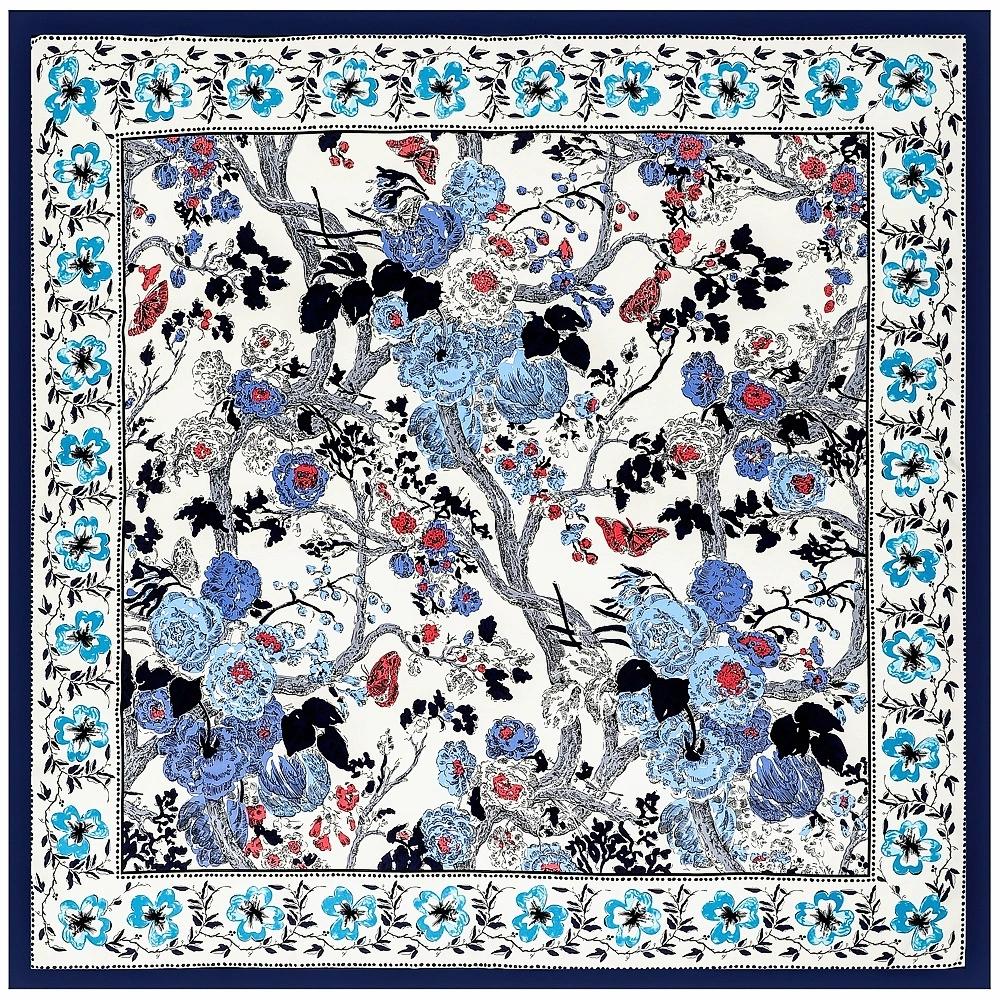 130cm Retro Floral Printing Twill Silk Square Scarf Women Multi-Purpose Shawl Sun Protection Four Season Travel Scarf