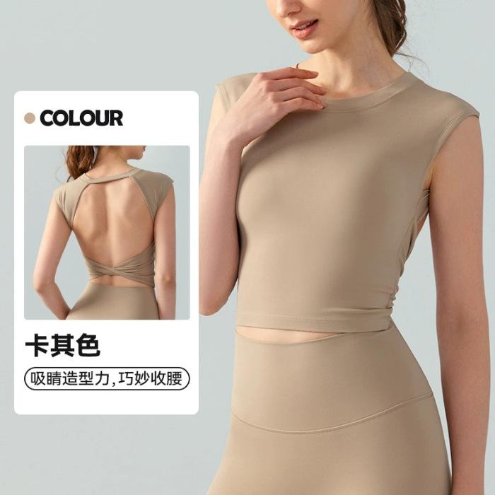 

Spring and summer yoga short-sleeved women s fixed chest pad, sexy backless short sports t-shirt, waist and thin fitness vest L хаки