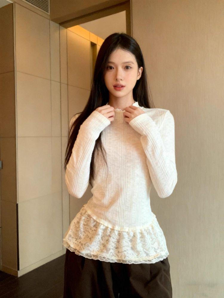Women's Lace-Trim Long Sleeve Korean-Style Sweet & Spicy T-Shirt: Slim-Fit Autumn/Winter Base Layer Top