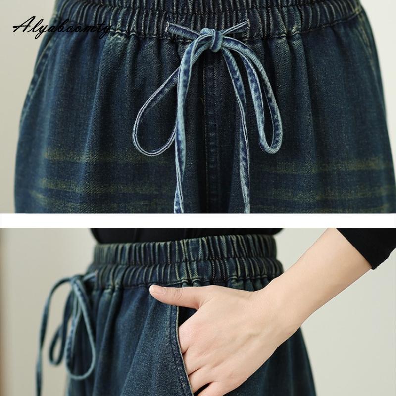 Mărimi Mari Primăvară Toamnă Femei Casual Larg Blugi Talie Înaltă Imprimeu Floral Șnur Patchwork Pantaloni Largi Denim Vintage Drepți cu Picior Larg