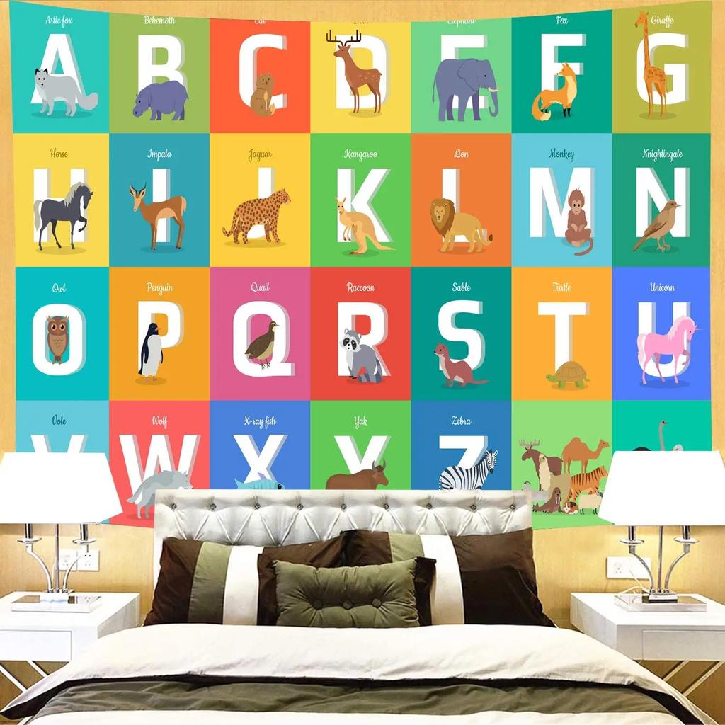 Alphabet Poster Tapestry for Boys Girls Bedroom ABC Learning for Toddlers Cute Dinosaur Art Educational Tapestries Wall Hanging