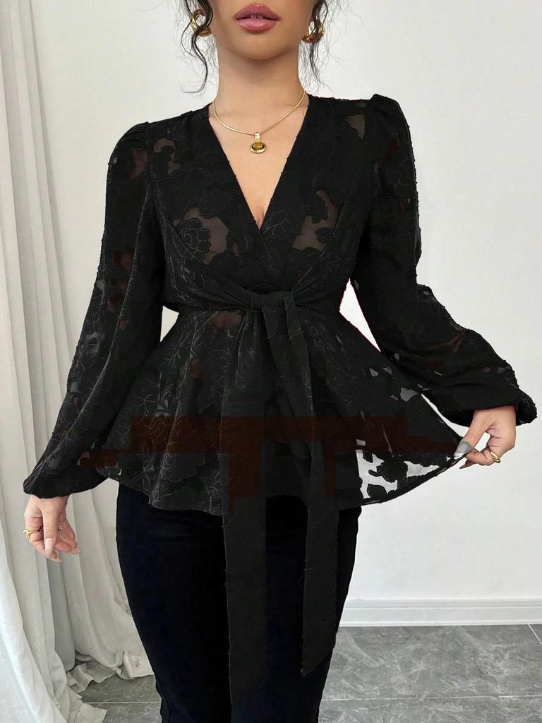 Moda Europeia e Americana Feminina: Camisa Semi-Transparente com Decote em V e Mangas Longas para Primavera e Outono