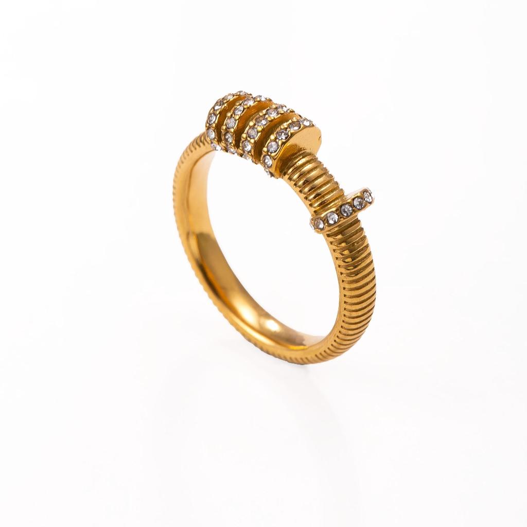 Elegant Titanium Steel 18K Gold Plated Index Ring with Diamonds