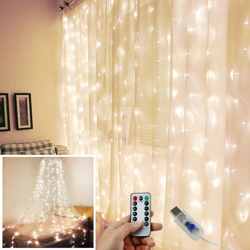 USB Fernbedienung 3x3 Kupferdraht 300 LED Vorhang Lichterkette - Eiszapfenlichter für Weihnachten, Hochzeiten, Feiertage, Märchenhafte Dekoration.