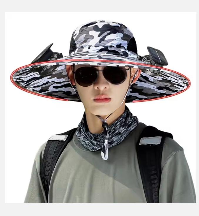 Breathable Fabric Hat with Fan Camouflage Print Solar Fan Cap with Brim Usb Charging for Outdoor Activities Unisex for Fishing