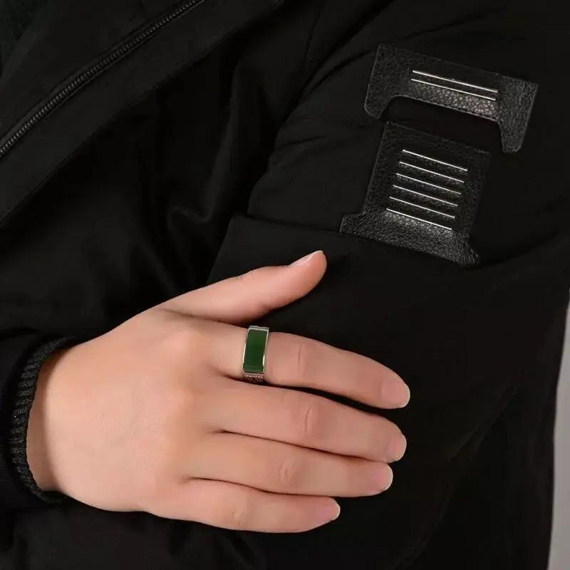 New Real Green Natural Hetian Jade Ring 925 Sterling Silver Ring Couple Rings Men Women Jewelry Lucky Stone Jade Finger Ring