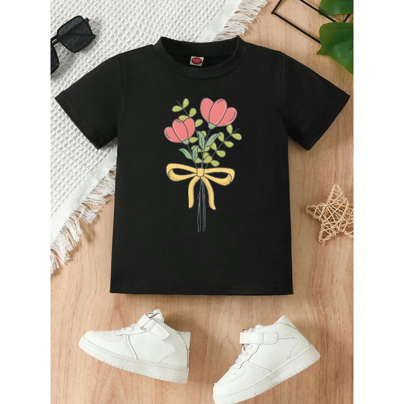Taglie europee Bambini Questa Adorabile Maglietta Girocollo Presenta una Stampa Floreale a Tulipani, Rendendola una Scelta Casual e alla Moda per le Ragazze