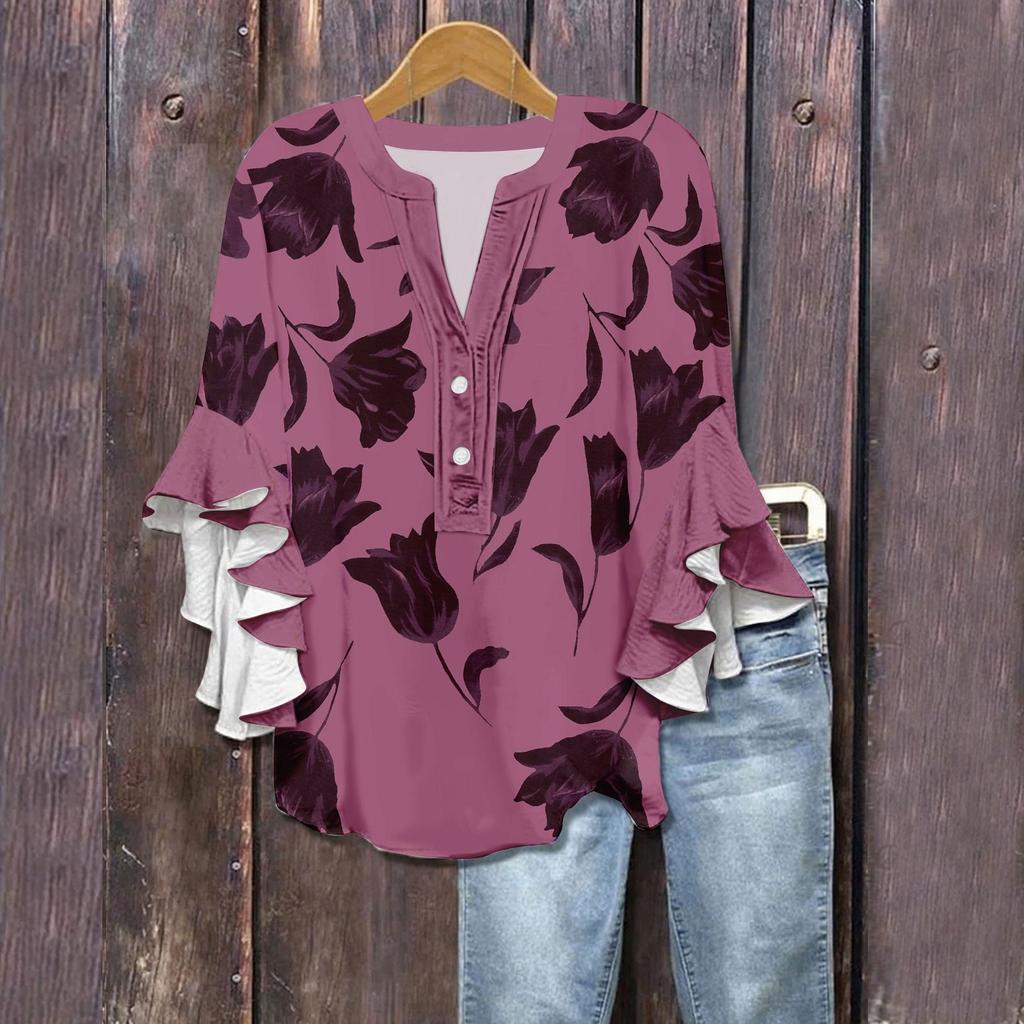 Women's Summer Tops V Neck Three-quarter Sleeves Floral Print Flowing Ruffle Sleeves Half-button Shirt