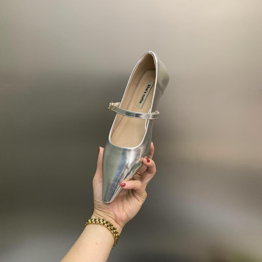 Fashion Flat Shoes for Women 2025 Spring and Autumn Silver Flat Mary Jane Shoes French Pointed Toe Plus Size Women's Shoes 42 43 44