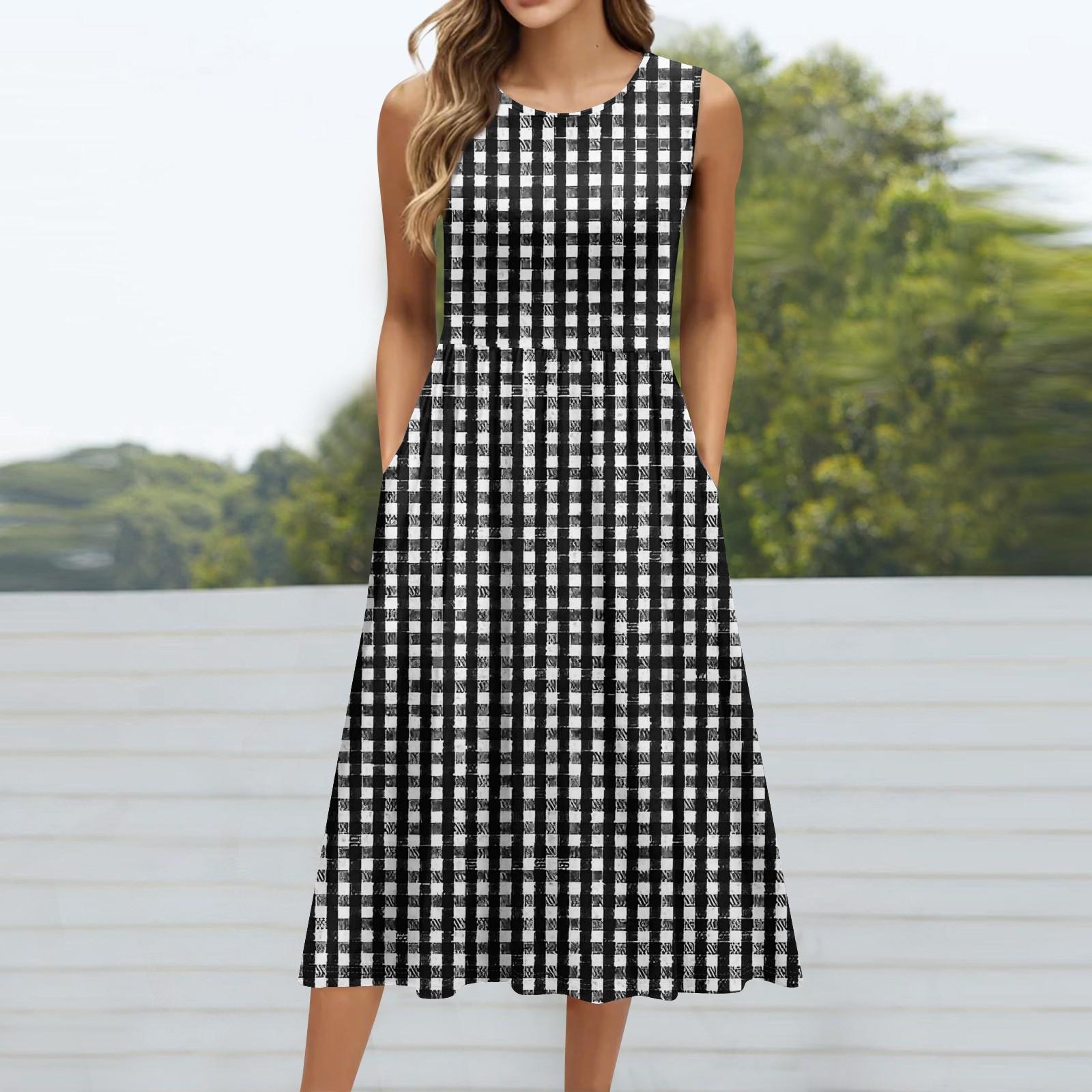 

Женское модное платье средней длины с круглым вырезом и принтом без рукавов S чёрный